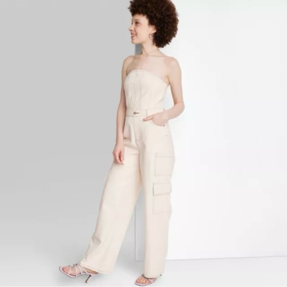 Wild Fable Natural Strapless Tube Top Cargo Wide Leg Jumpsuit One Piece Denim
